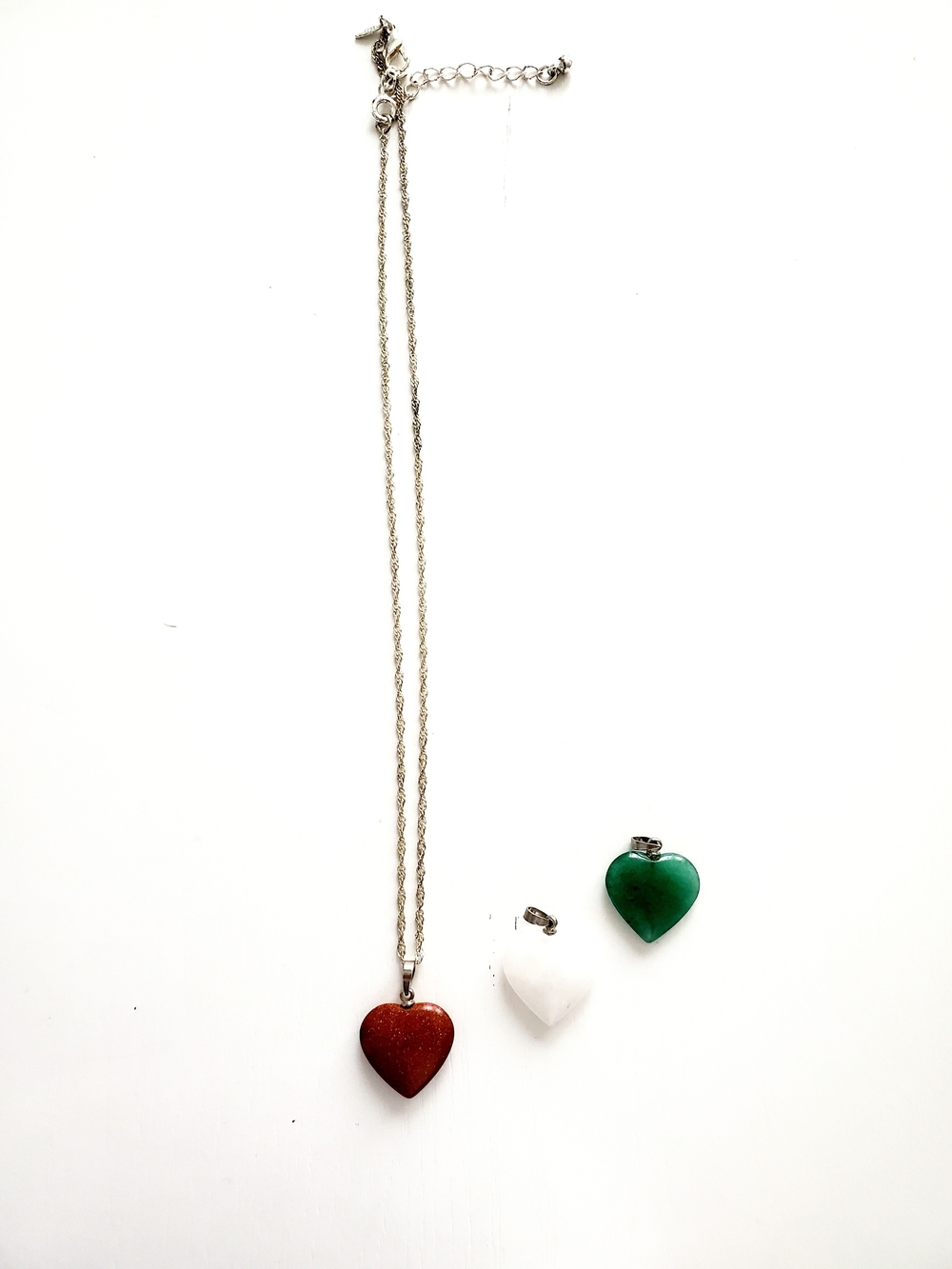Heart Pendant Necklace with Interchangeable Green, White, and Red Stone Charms